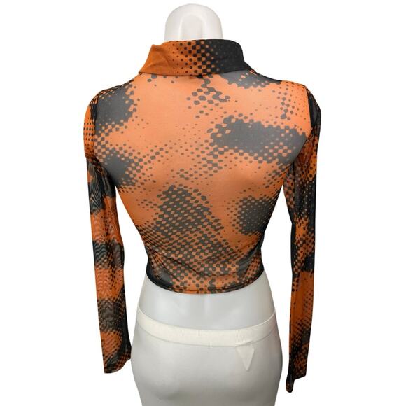 Urban Outfitters Orange Black Poster Print Mesh Button Crop Shirt Blouse Top XS - Picture 2 of 5